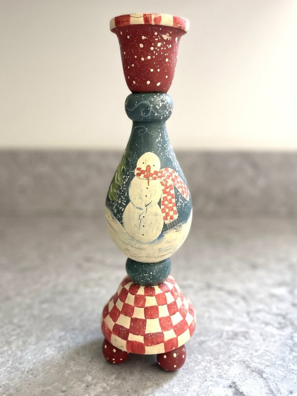 Vintage Mills River 1998 Hand Painted Wood Snowman Taper Candlestick 10.5”